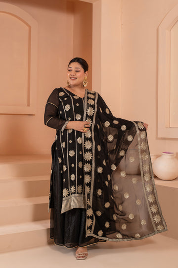 Versatile embroidered dupatta set with flared bottom and embroidered dupatta.